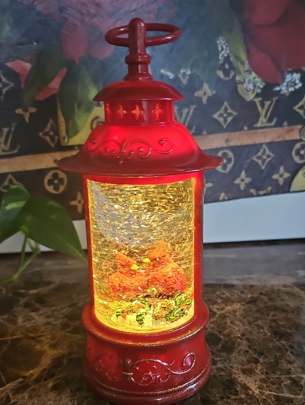 Red Cardinals Decorative Lantern Snow Globe Accent - Brand New Battery Operated
